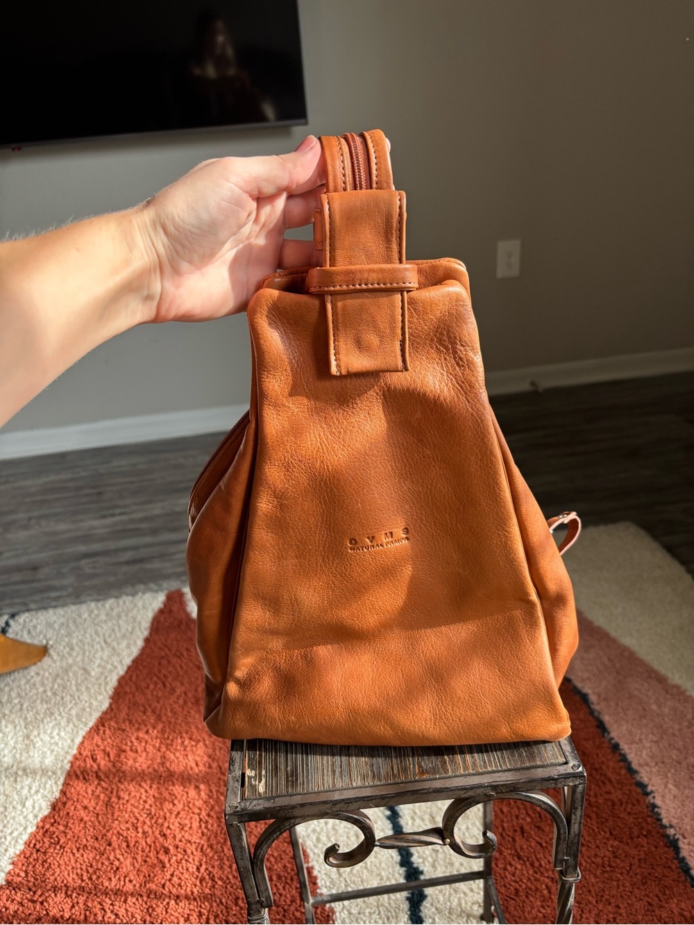 Leather Backpack Tote in Cognac Brown